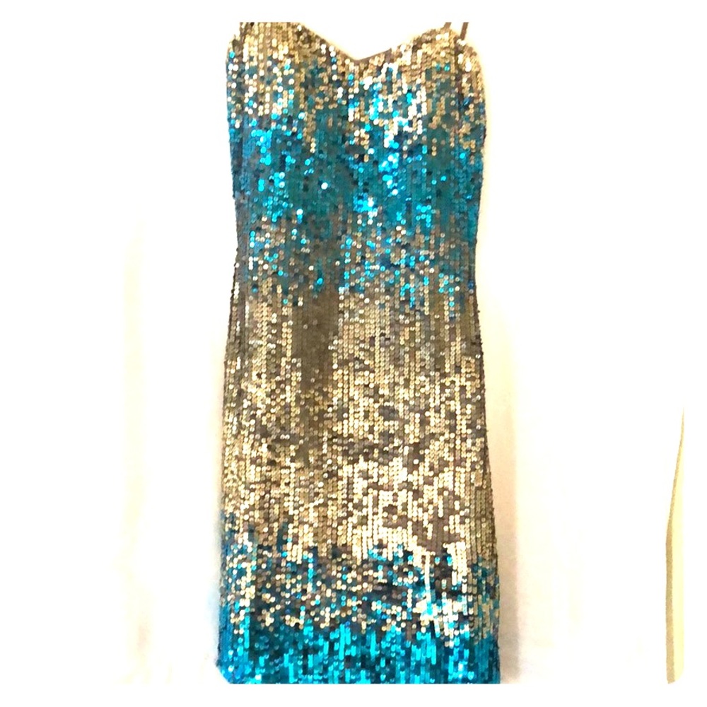 Stunning sequin ocean blue and copper/gold dress .